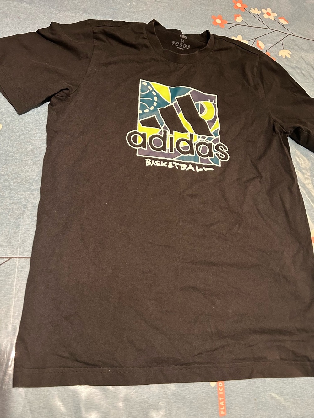 adidas Black Short-Sleeve Basketball Graphic Tee with Green & Blue Logo